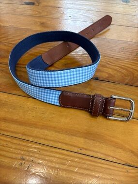 Men's Blue Gingham Fabric Belt with Brown Leather Trim Size 38